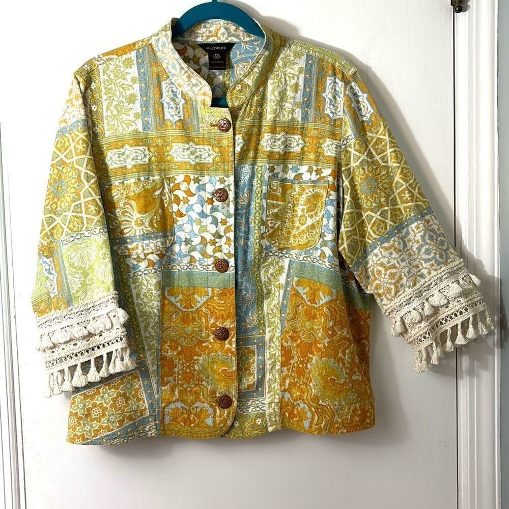 Multiples linen rayon blend boho print embellished trim bracelet sleeve jacket P